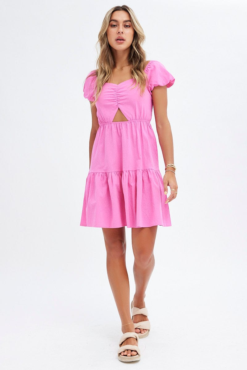 Pink Puff Sleeve Cut Out Skater Dress for Ally Fashion