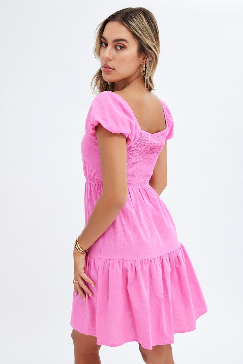 Pink Puff Sleeve Cut Out Skater Dress for Ally Fashion