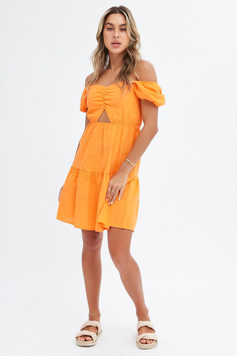 Orange Puff Sleeve Cut Out Skater Dress for Ally Fashion