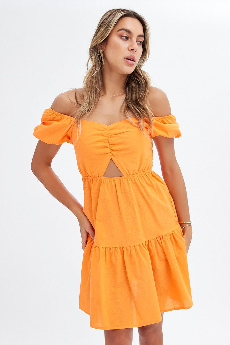 Orange Puff Sleeve Cut Out Skater Dress for Ally Fashion