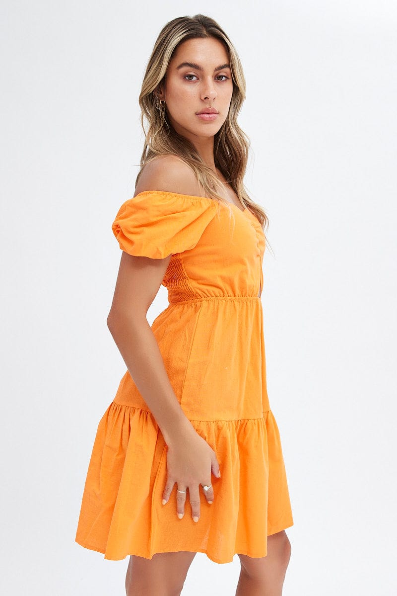 Orange Puff Sleeve Cut Out Skater Dress for Ally Fashion