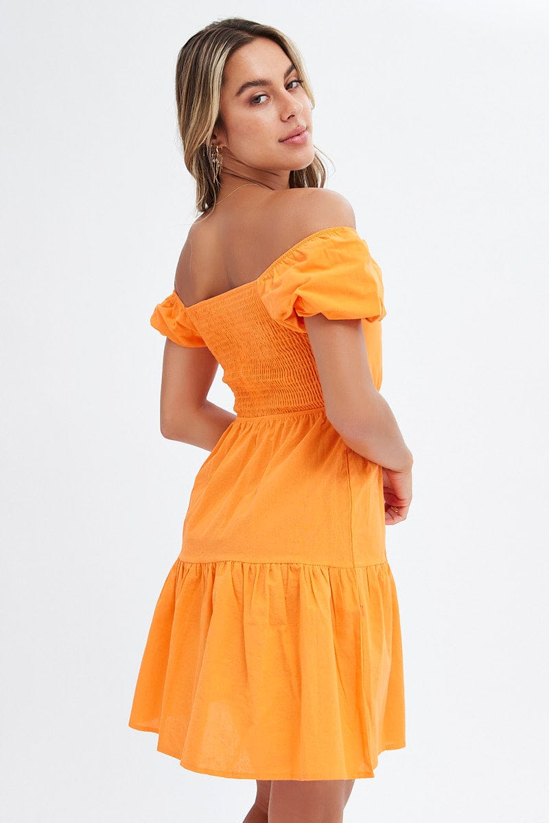 Orange Puff Sleeve Cut Out Skater Dress for Ally Fashion