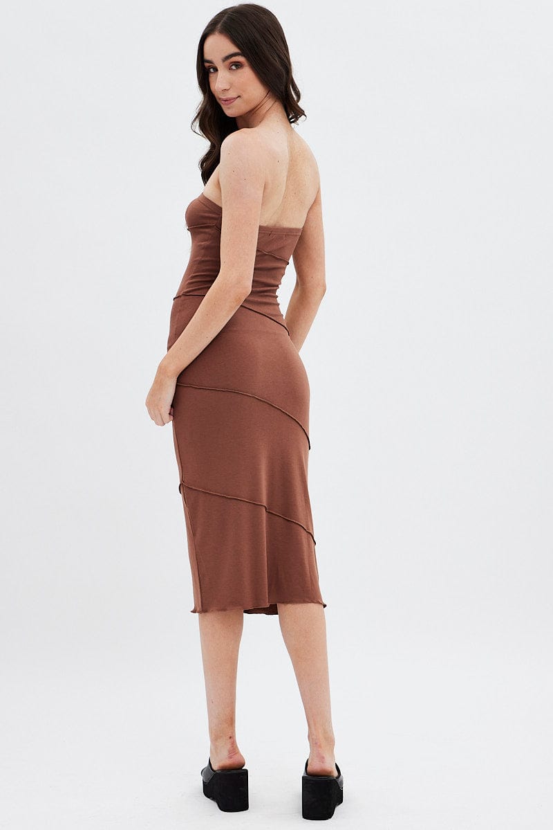 Brown Ribbed Bodycon Midi Dress for Ally Fashion