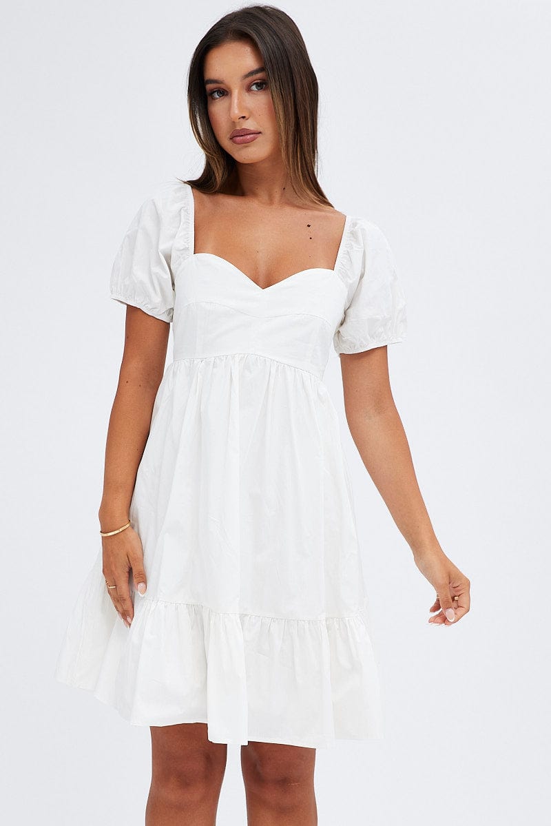 White Short Sleeve Sweetheart Neck Skater Dress | Ally Fashion