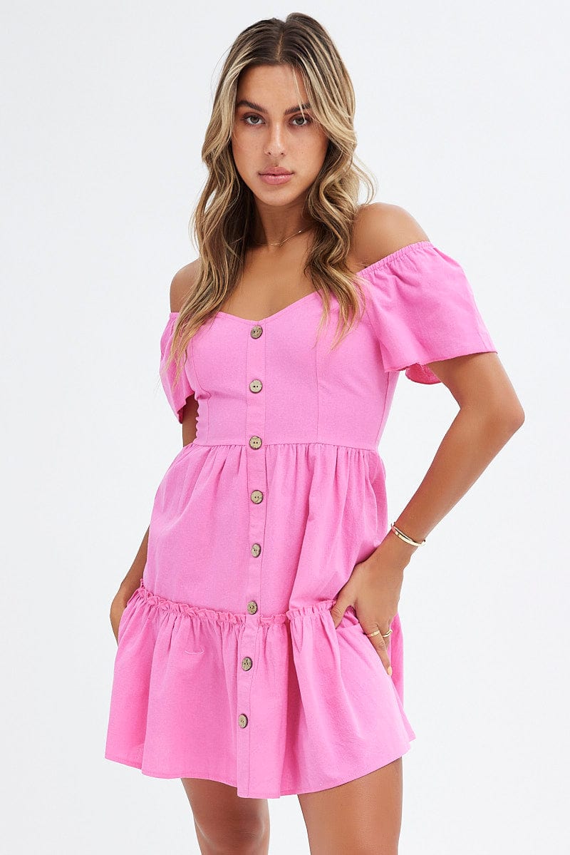 Pink Button Front Mini Swing Dress for Ally Fashion