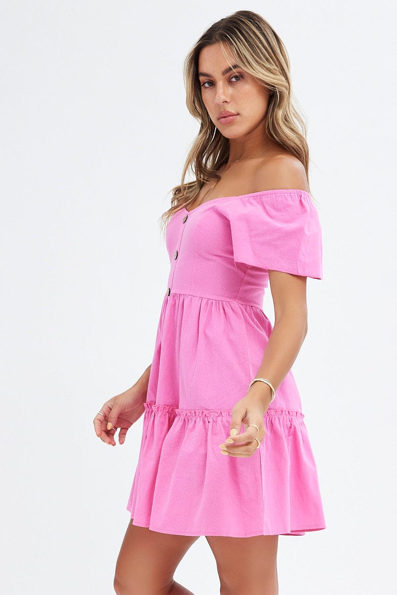 Pink Button Front Mini Swing Dress for Ally Fashion