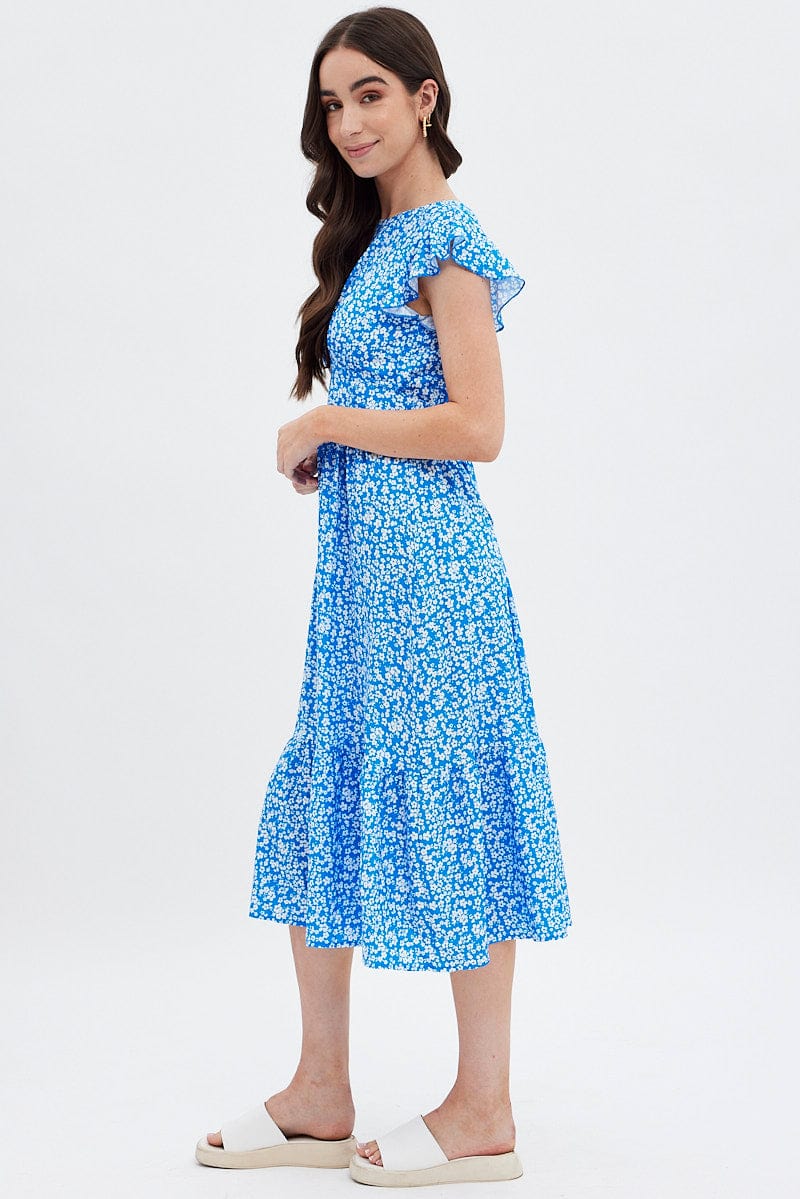 Blue Floral Tie Back Midi Dress for Ally Fashion