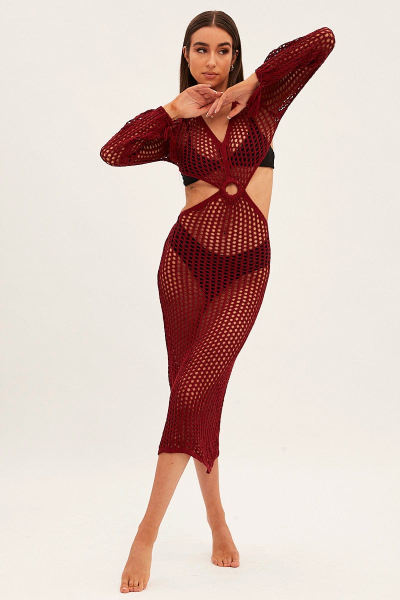 Brown Crochet Cutout Knit Dress for Ally Fashion