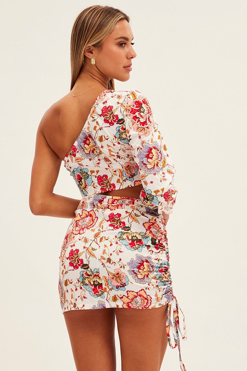 White Print One Shoulder Cutout Dress for Ally Fashion