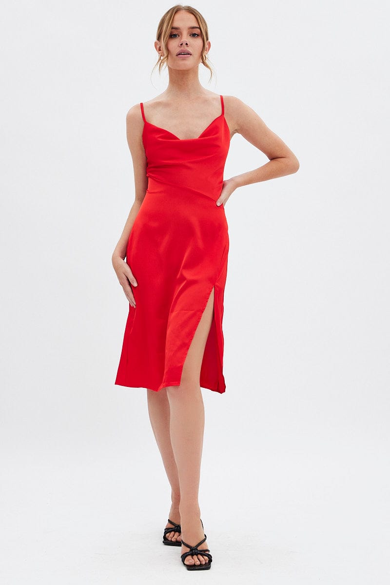 Red Cowl Neck Slip Midi Dress for Ally Fashion