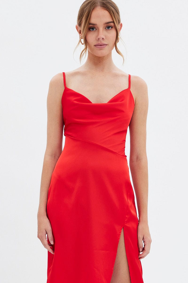 Red Cowl Neck Slip Midi Dress for Ally Fashion