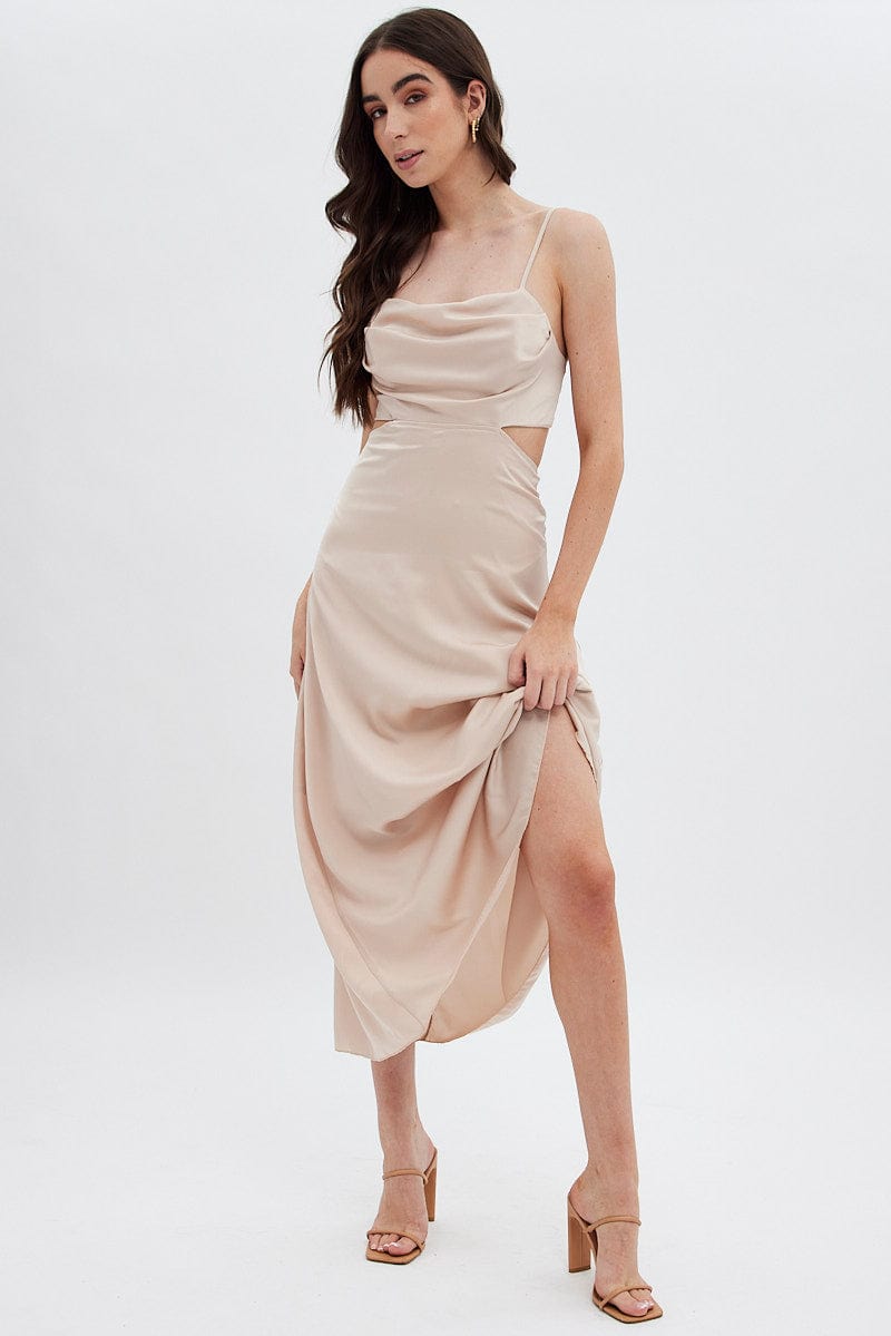 Beige Midi Dress Evening Cowl Neck