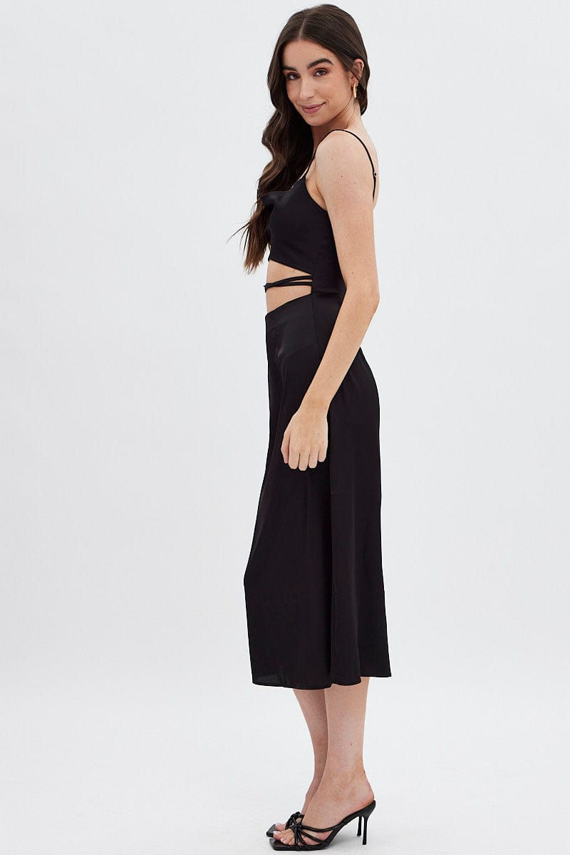 Black Midi Dress Cowl Neck Satin for Ally Fashion