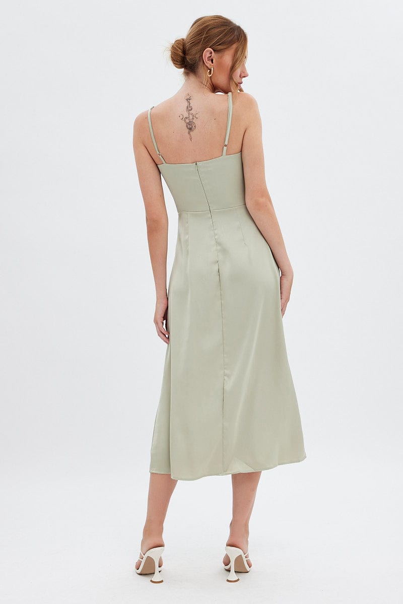 Green Midi Dress Cowl Neck Satin for Ally Fashion