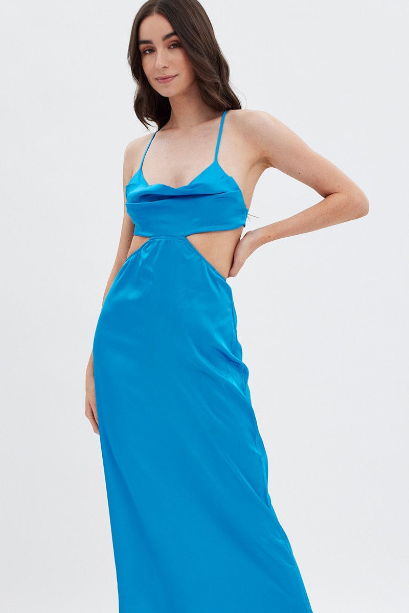 Blue Cowl Neck Cutout Midi Dress for Ally Fashion