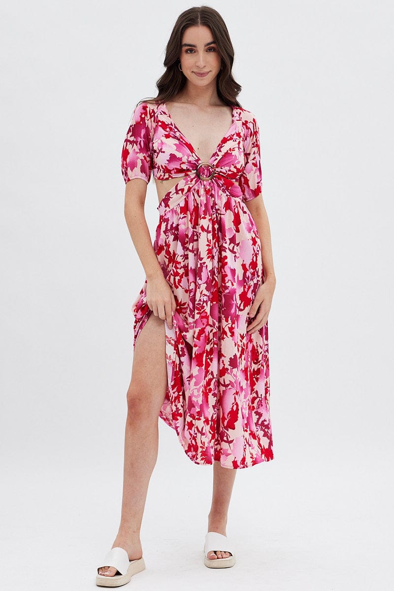 Red Floral Cutout Midi Dress for Ally Fashion