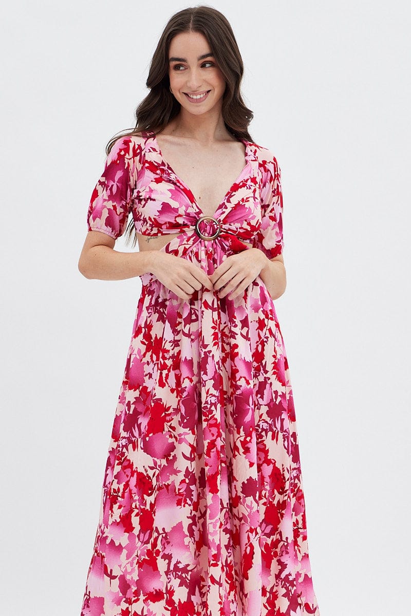 Red Floral Cutout Midi Dress for Ally Fashion