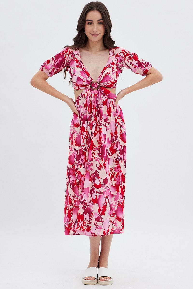 Red Floral Cutout Midi Dress for Ally Fashion