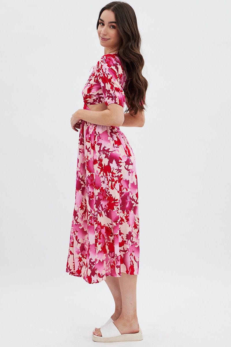 Red Floral Cutout Midi Dress for Ally Fashion