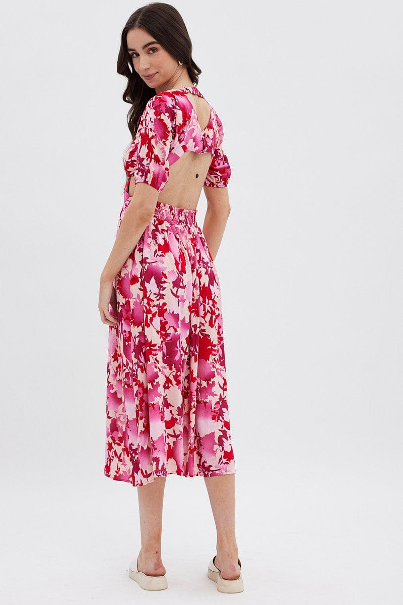 Red Floral Cutout Midi Dress for Ally Fashion