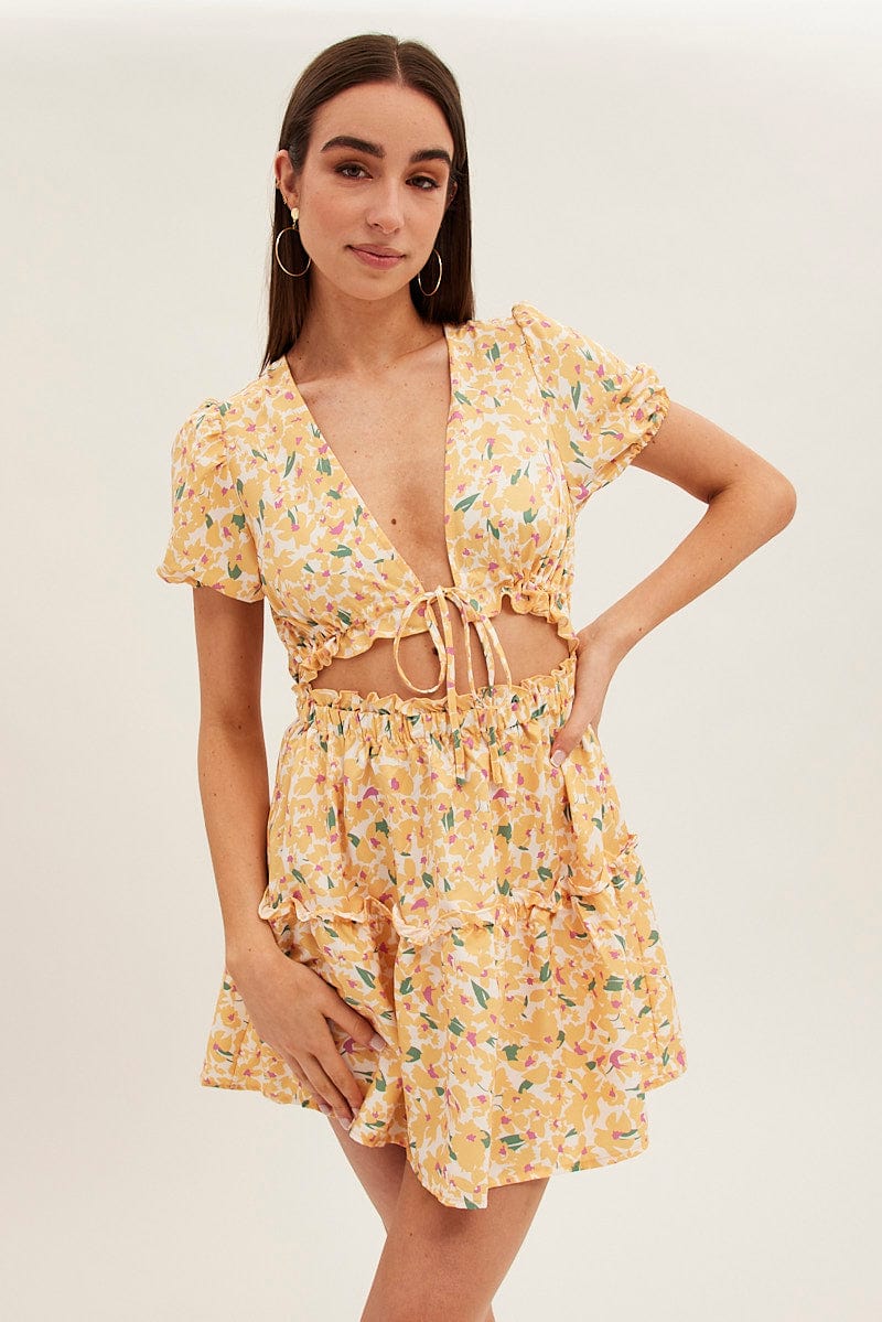 Yellow Print Cutout Skater Dress for Ally Fashion