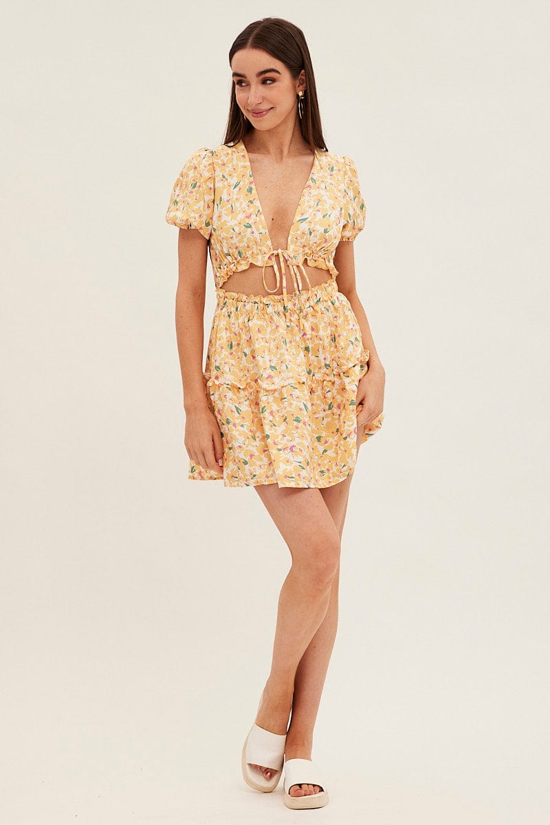 Yellow Print Cutout Skater Dress for Ally Fashion