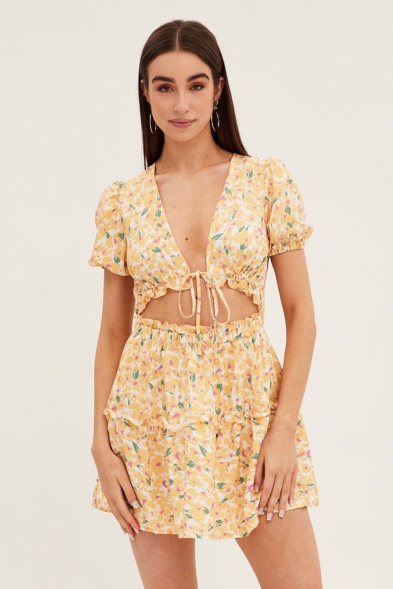 Yellow Print Cutout Skater Dress for Ally Fashion