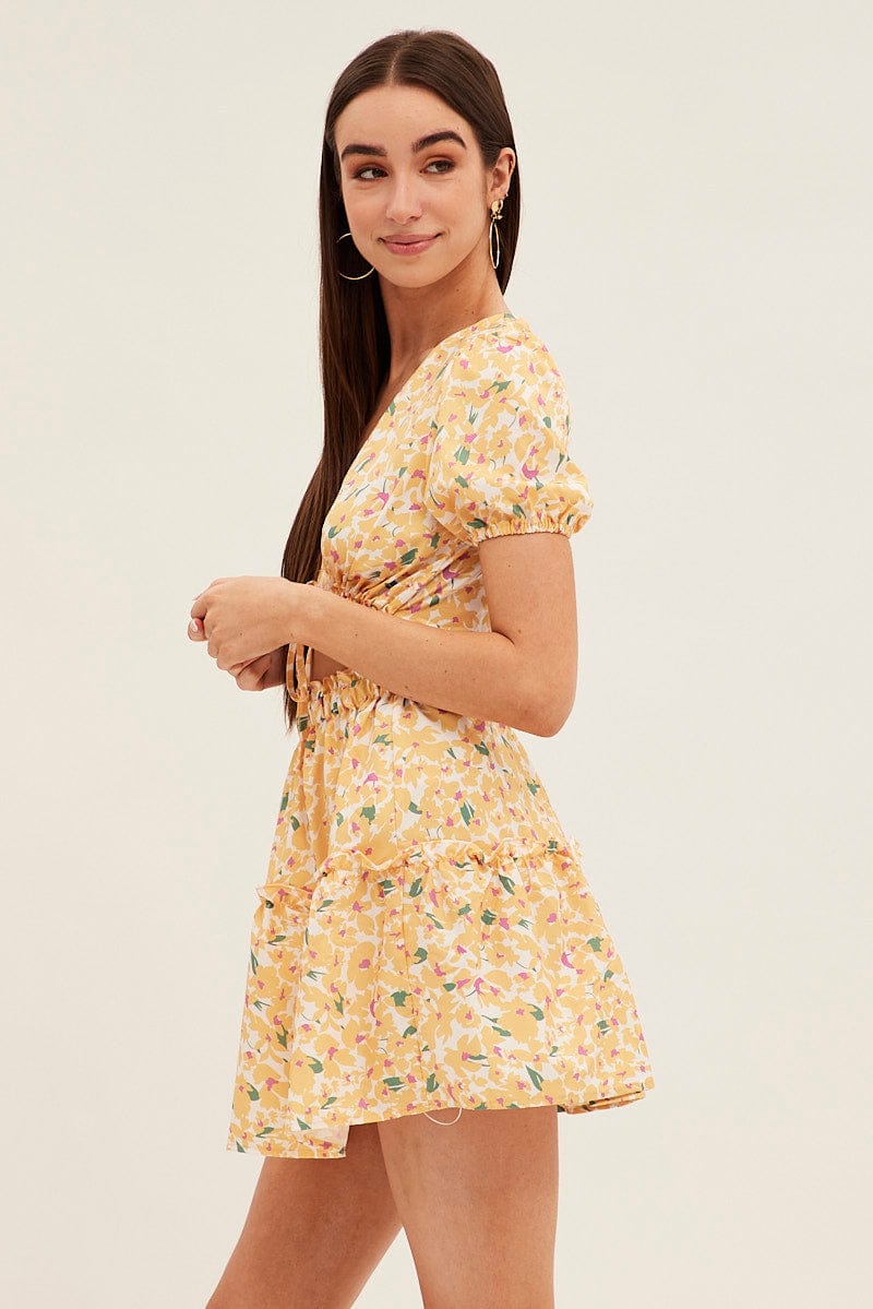 Yellow Print Cutout Skater Dress for Ally Fashion