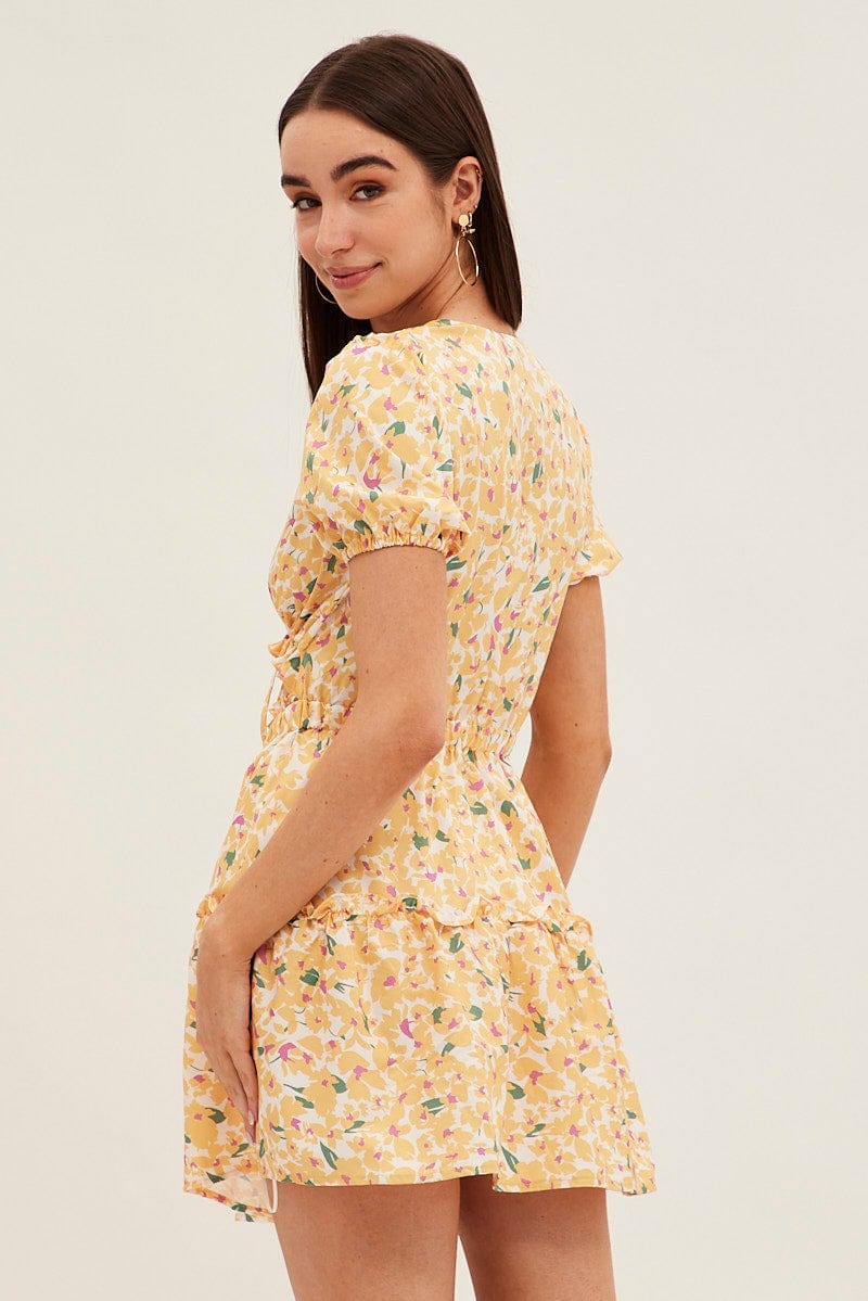 Yellow Print Cutout Skater Dress for Ally Fashion