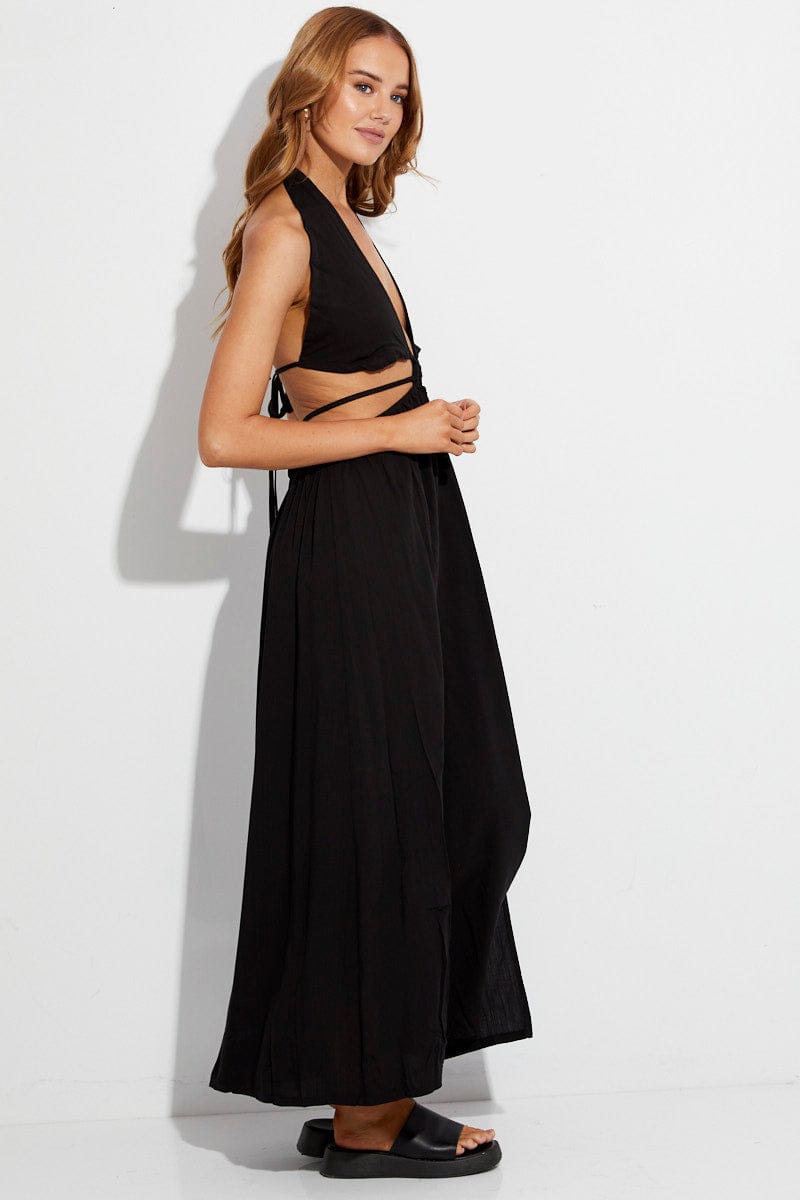Black Maxi Dress Cutout Front Split for Ally Fashion