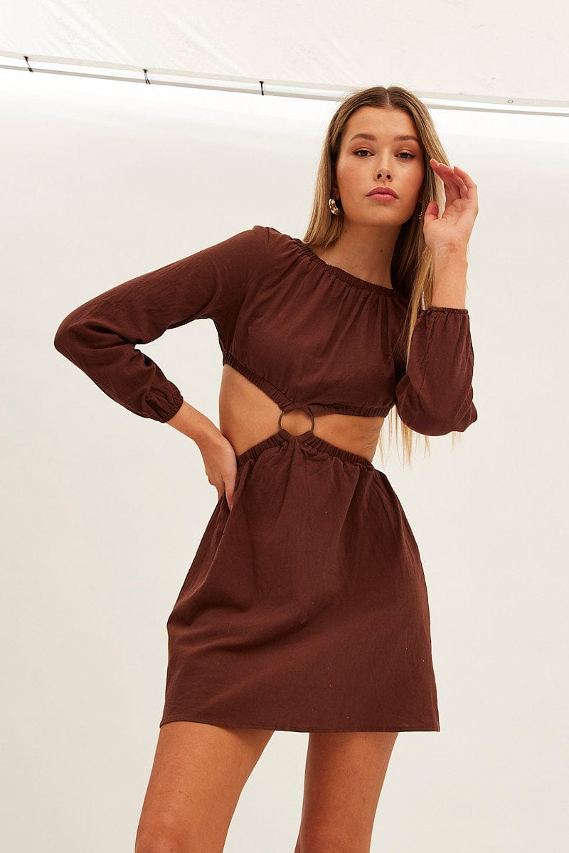 Brown Ring Detail Linen Dress for Ally Fashion