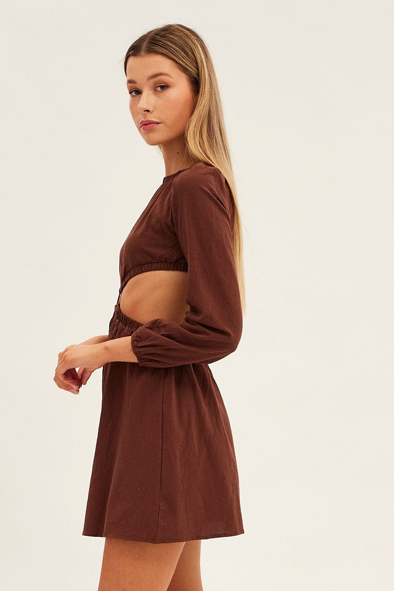 Brown Ring Detail Linen Dress for Ally Fashion
