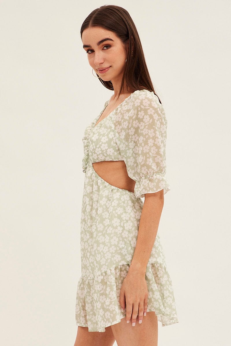 Green Floral Cutout Skater Dress for Ally Fashion