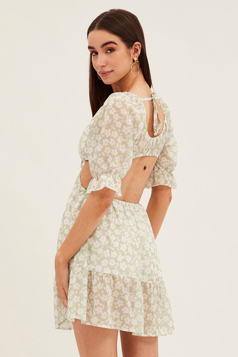 Green Floral Cutout Skater Dress for Ally Fashion