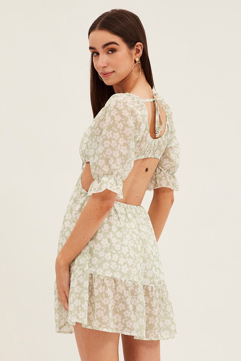 Green Floral Cutout Skater Dress | Ally Fashion Green Floral Cutout Skater Dress | Ally Fashion