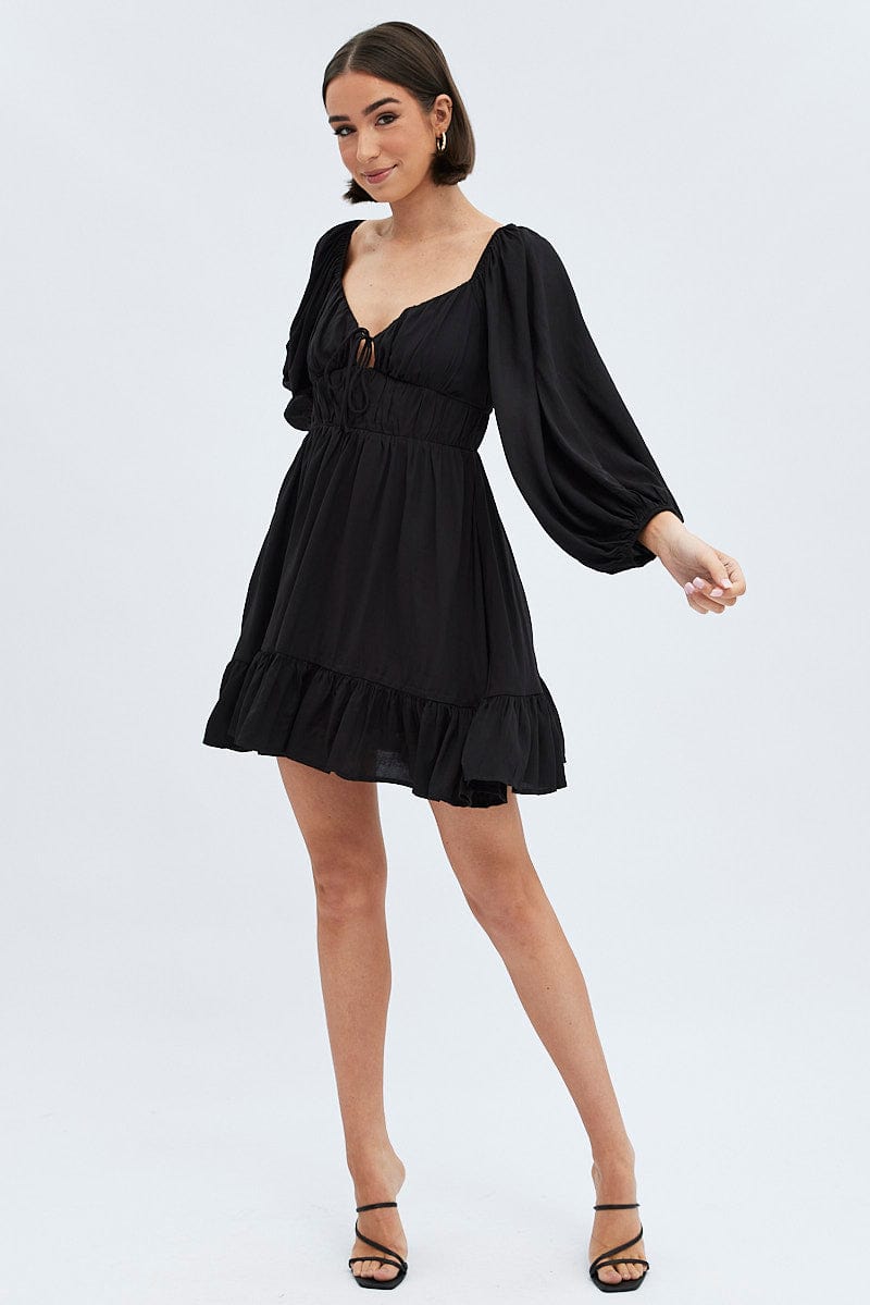 Black Fit and Flare Dress Long Sleeve  Cut Out for Ally Fashion