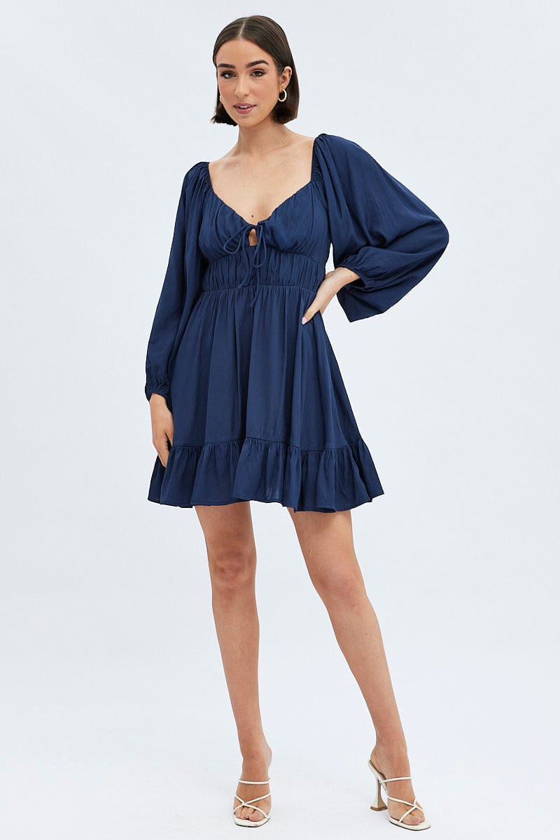 Blue Fit and Flare Dress Long Sleeve  Cut Out for Ally Fashion