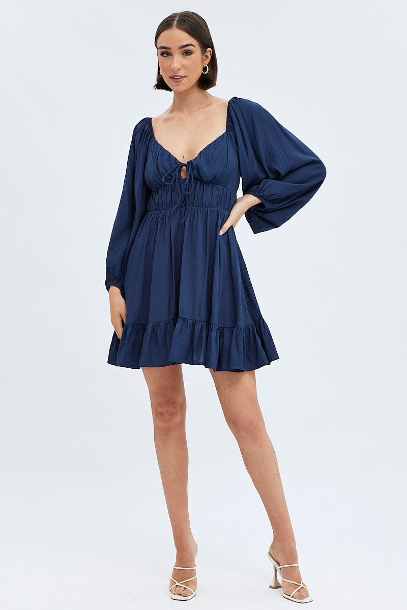 Blue Fit and Flare Dress Long Sleeve Cut Out | Ally Fashion Blue Fit and Flare Dress Long Sleeve Cut Out | Ally Fashion