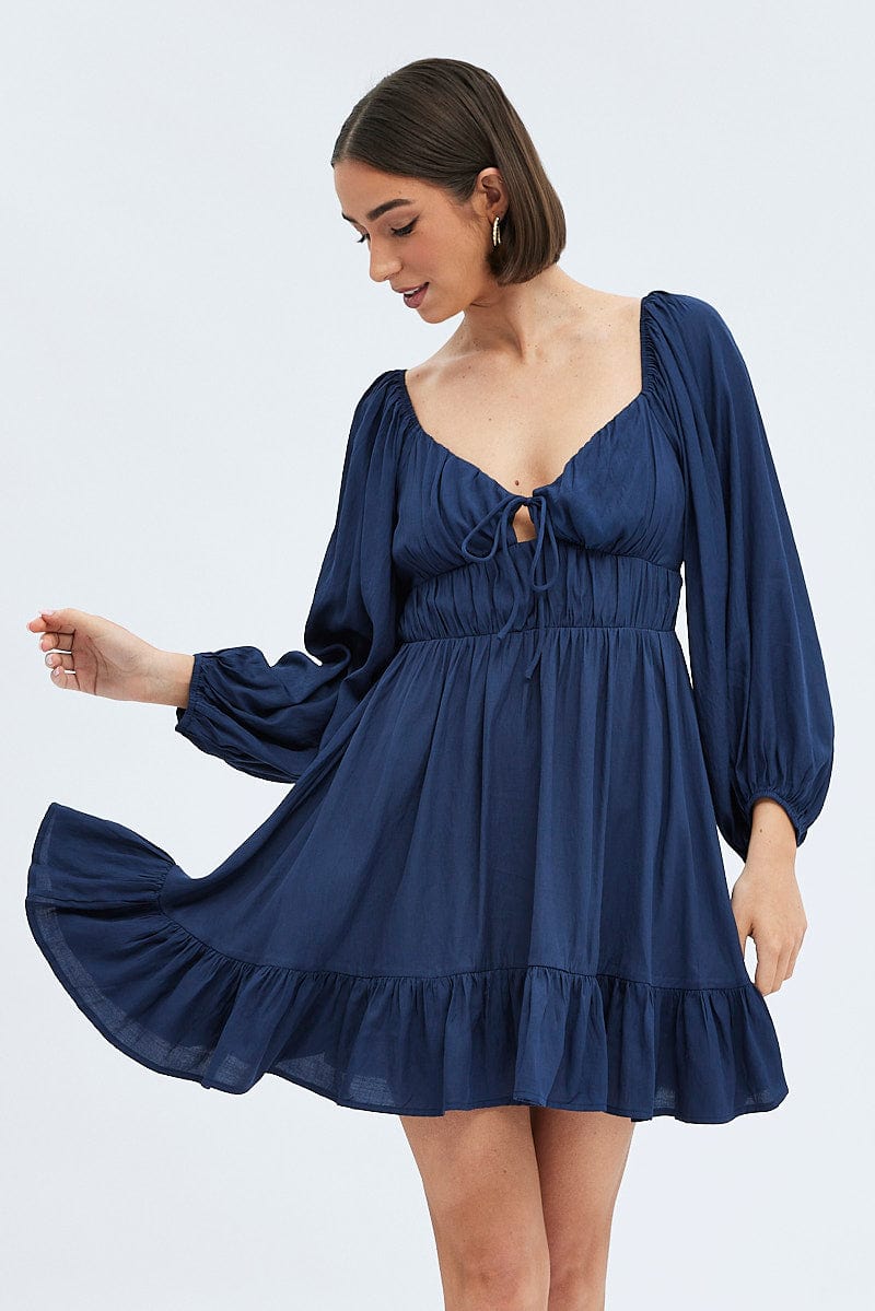 Blue Fit and Flare Dress Long Sleeve Cut Out | Ally Fashion Blue Fit and Flare Dress Long Sleeve Cut Out | Ally Fashion