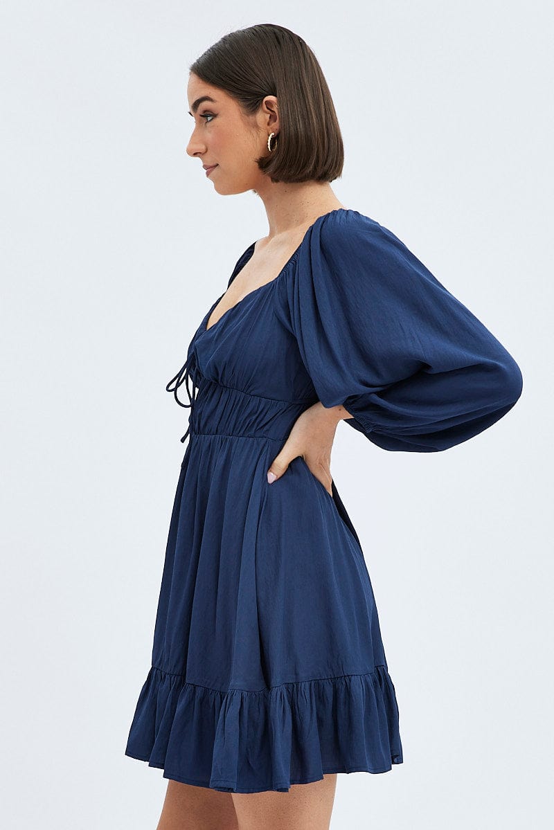 Blue Fit and Flare Dress Long Sleeve Cut Out | Ally Fashion Blue Fit and Flare Dress Long Sleeve Cut Out | Ally Fashion