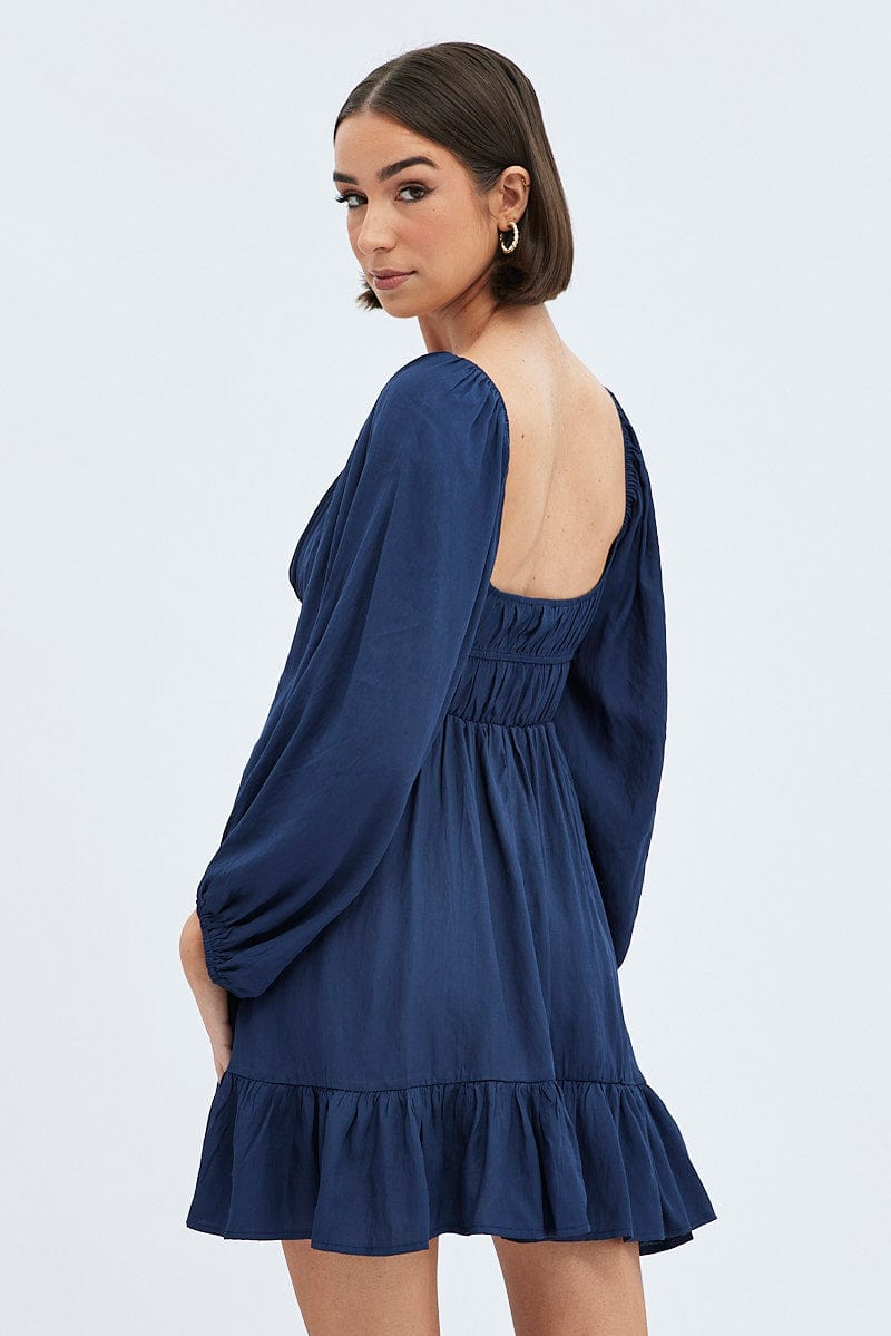 Blue Fit and Flare Dress Long Sleeve Cut Out | Ally Fashion Blue Fit and Flare Dress Long Sleeve Cut Out | Ally Fashion