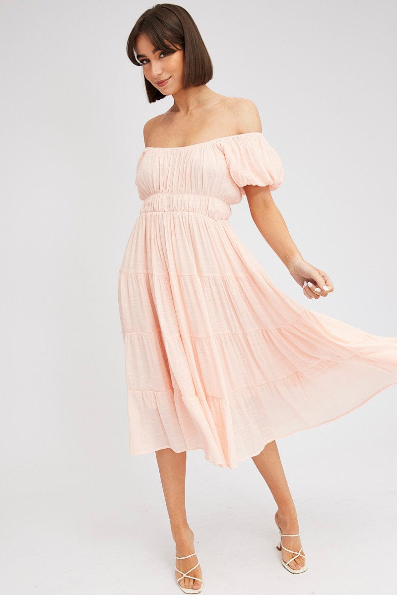 Pink Midi Dress Short Sleeve Ruched for Ally Fashion