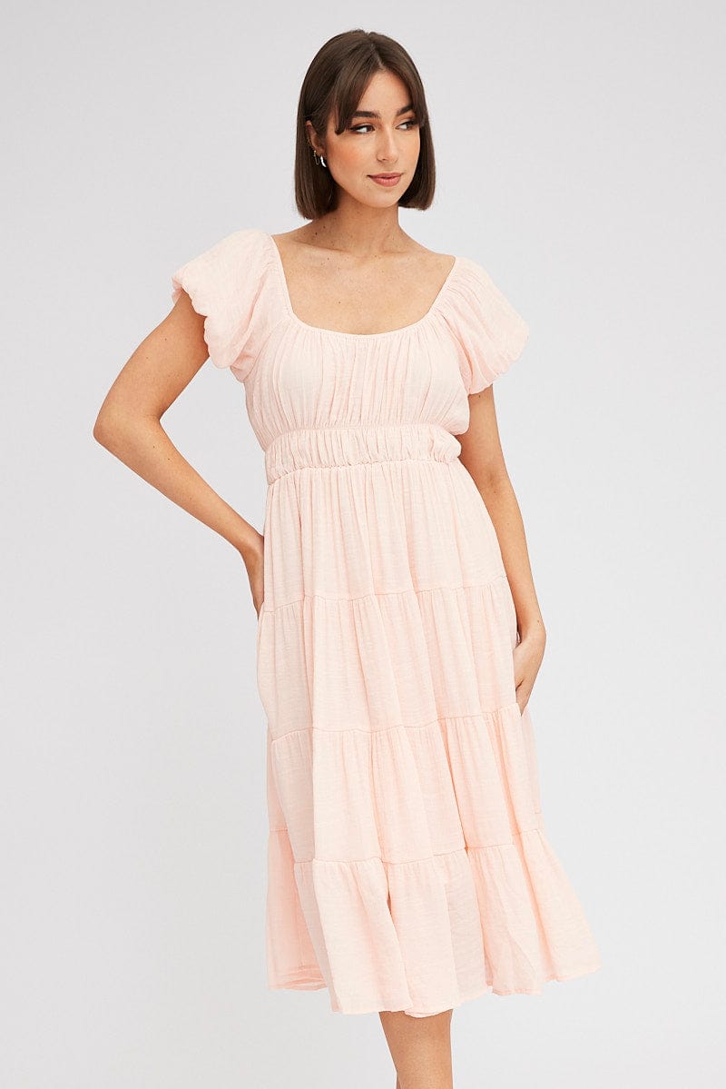 Pink Midi Dress Short Sleeve Ruched for Ally Fashion