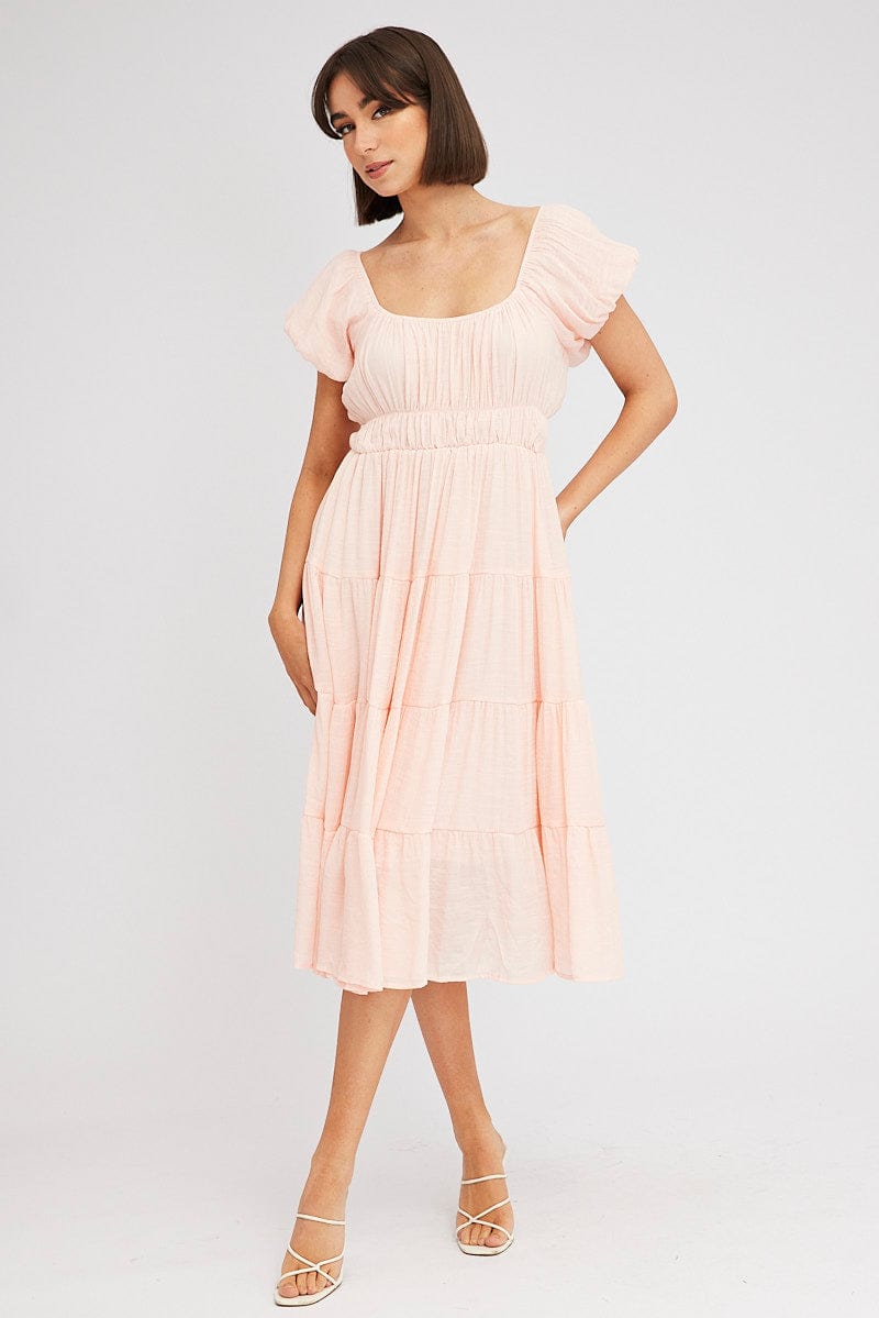 Pink Midi Dress Short Sleeve Ruched for Ally Fashion