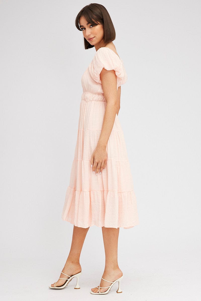 Pink Midi Dress Short Sleeve Ruched | Ally Fashion