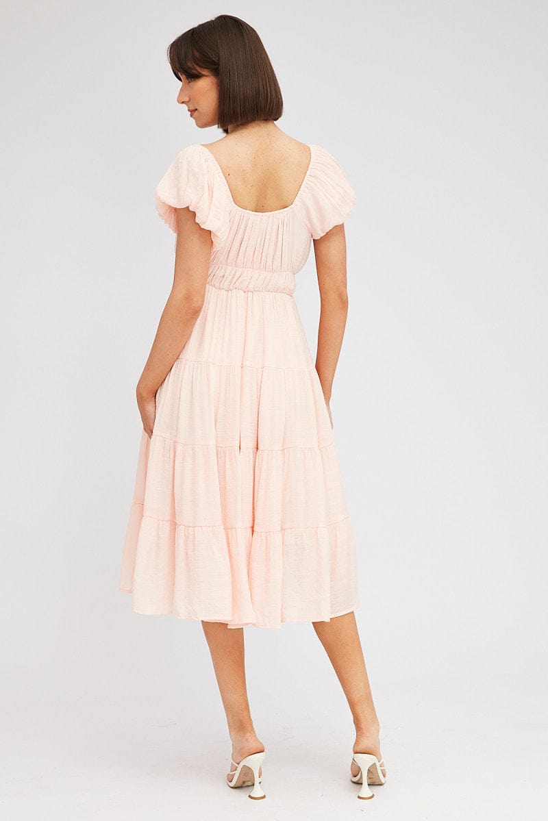 Pink Midi Dress Short Sleeve Ruched for Ally Fashion