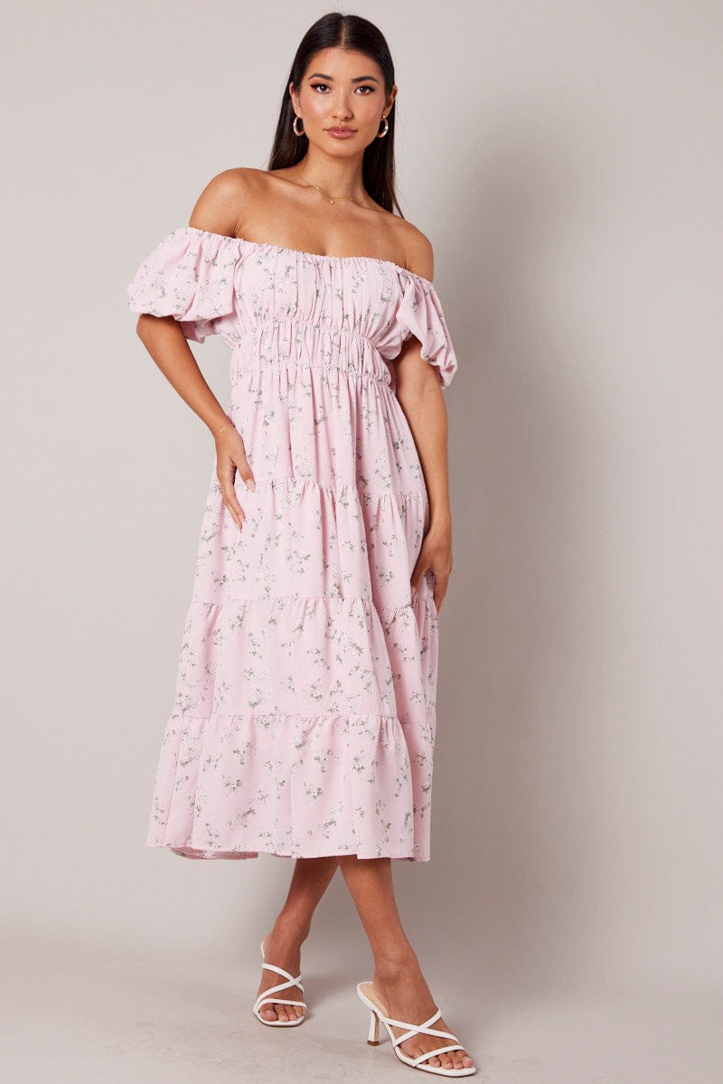 Pink Floral Midi Dress Puff Sleeve Gathered Bust for Ally Fashion