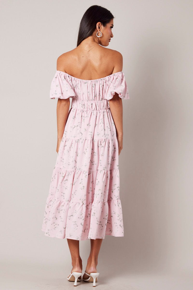 Pink Floral Midi Dress Puff Sleeve Gathered Bust for Ally Fashion
