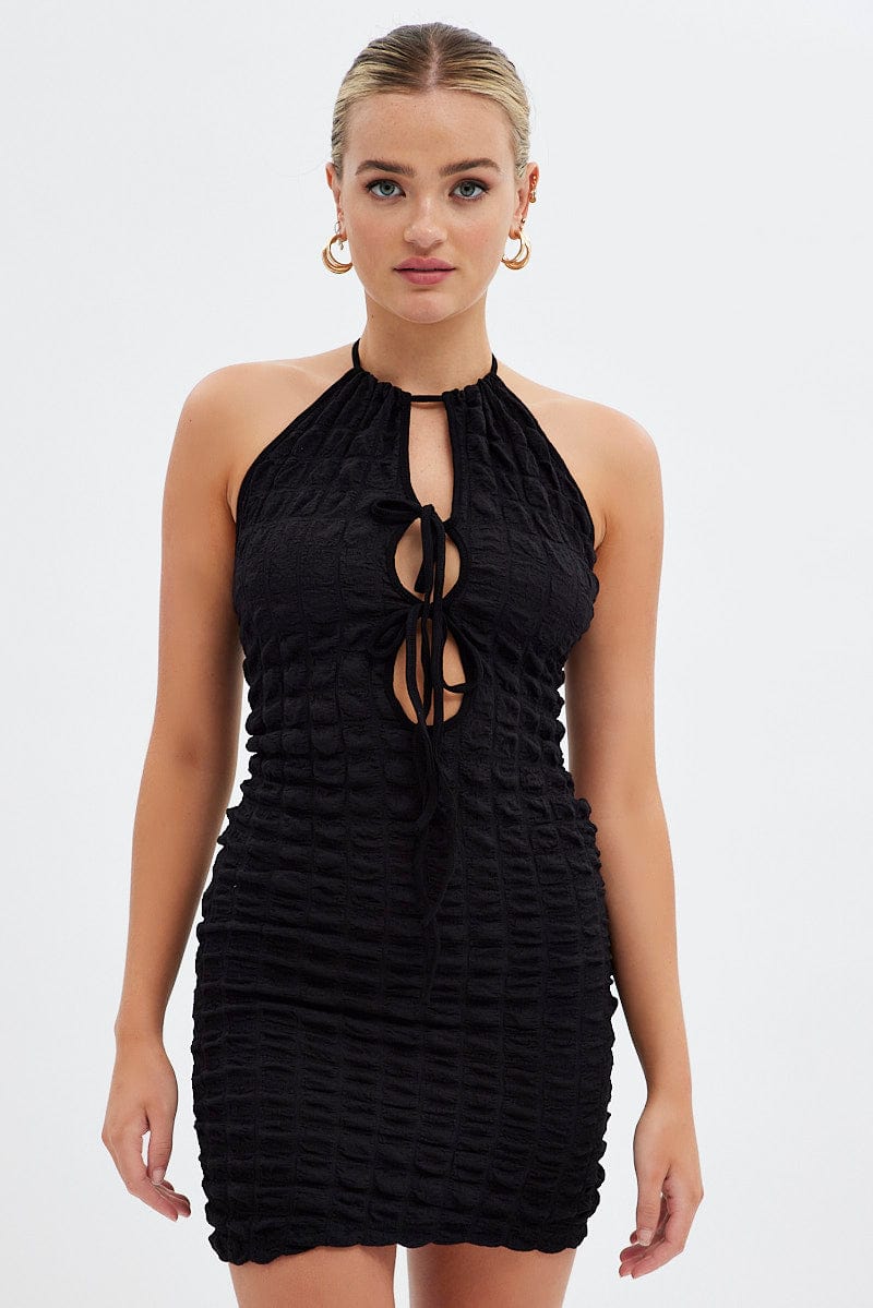 Black Textured Mini Dress Backless for Ally Fashion