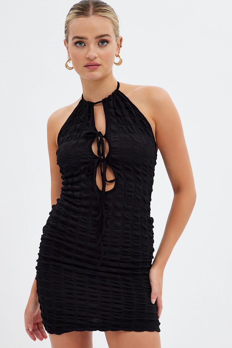 Black Textured Mini Dress Backless for Ally Fashion